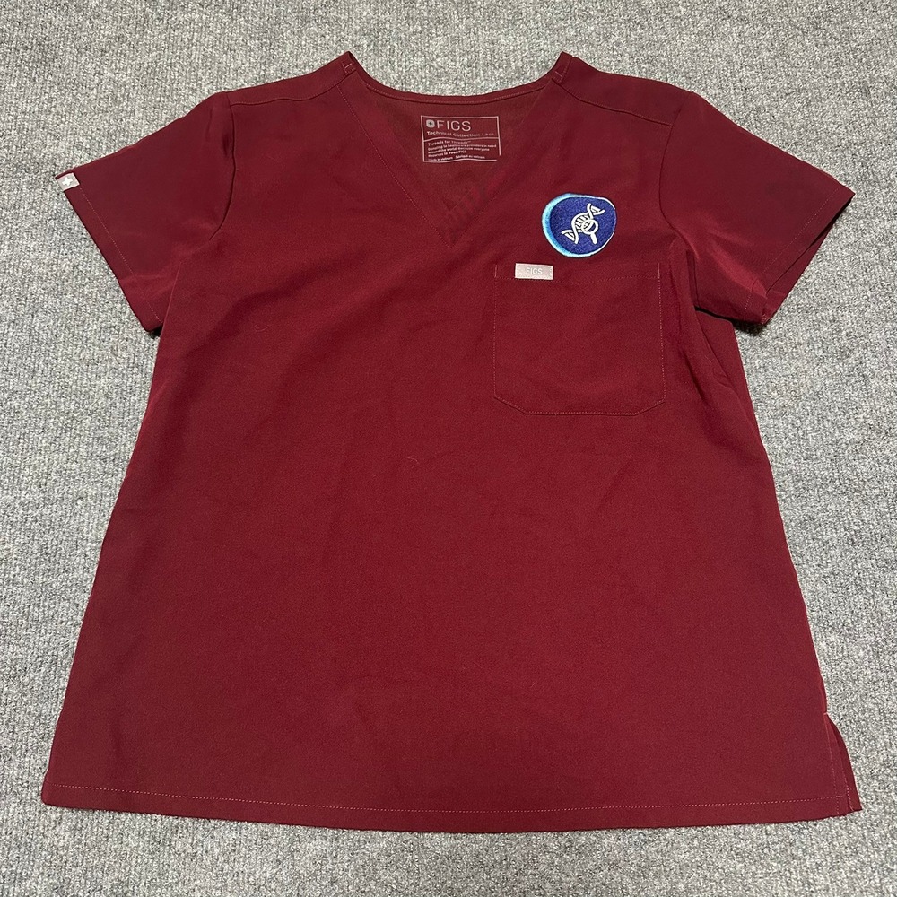 FIGS Technical Collection Burgundy V-Neck Scrub Top DNA Patch Womens Small S/P